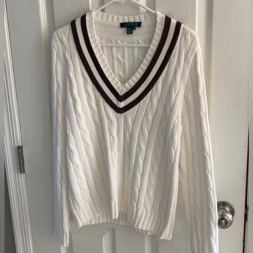 Lauren Ralph Lauren vintage cable knit cricket white v neck sweater size large